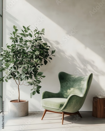 Obraz na płótnie Scandinavian Living Room Interior with Iconic Mid-Century Lounge Chair in Sage Green Velvet Against Minimalist White Wall w salonie