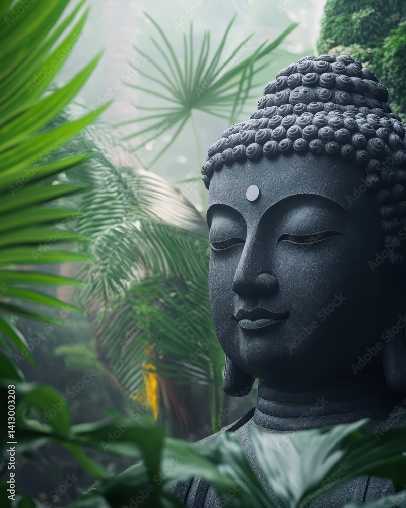 Serene Ancient Buddha Statue Surrounded by Lush Tropical Garden with Sacred Meditation Space Design