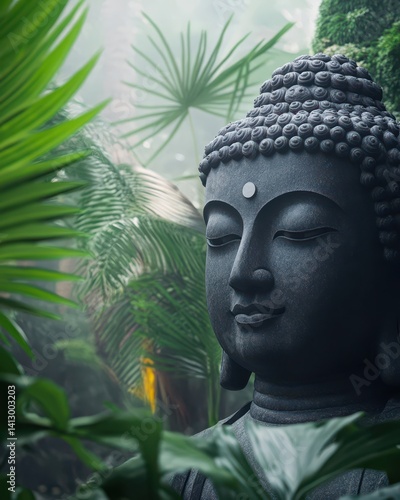 Serene Ancient Buddha Statue Surrounded by Lush Tropical Garden with Sacred Meditation Space Design