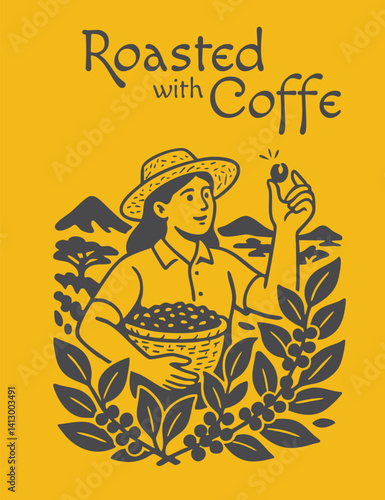 Hand drawn illustration of coffee farmer picking coffee beans for coffee packaging design 2