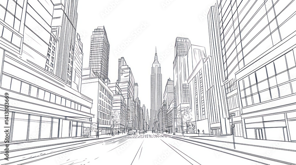 Fototapeta premium Architectural Line Drawing of NYC City Street