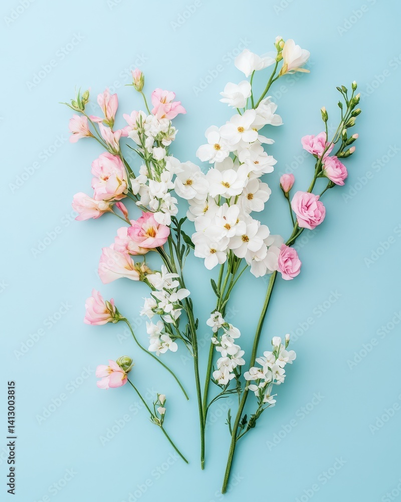 Spring Floral Flat Lay Arrangement with Delicate Pink Blossoms and White Wildflowers on Soft Pastel Blue Background for Wedding, Beauty and Lifestyle Branding