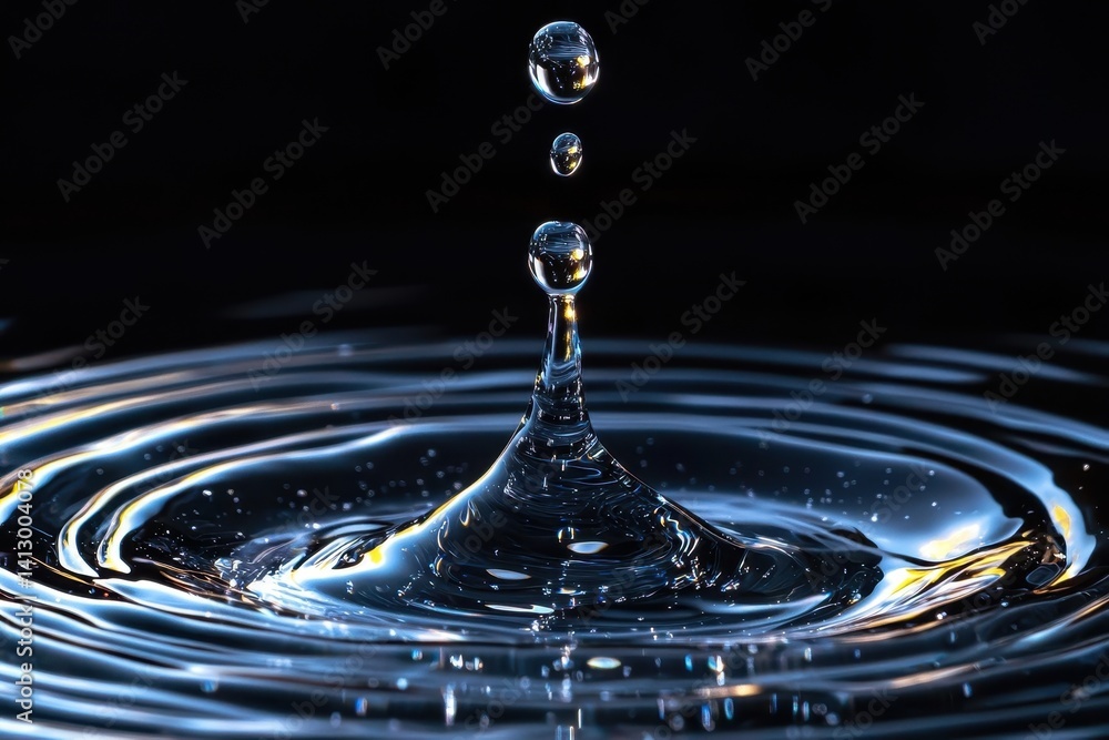 Suspended Water Droplets Collection Against Deep Black Background With Dynamic Light Reflections Creating Abstract Patterns