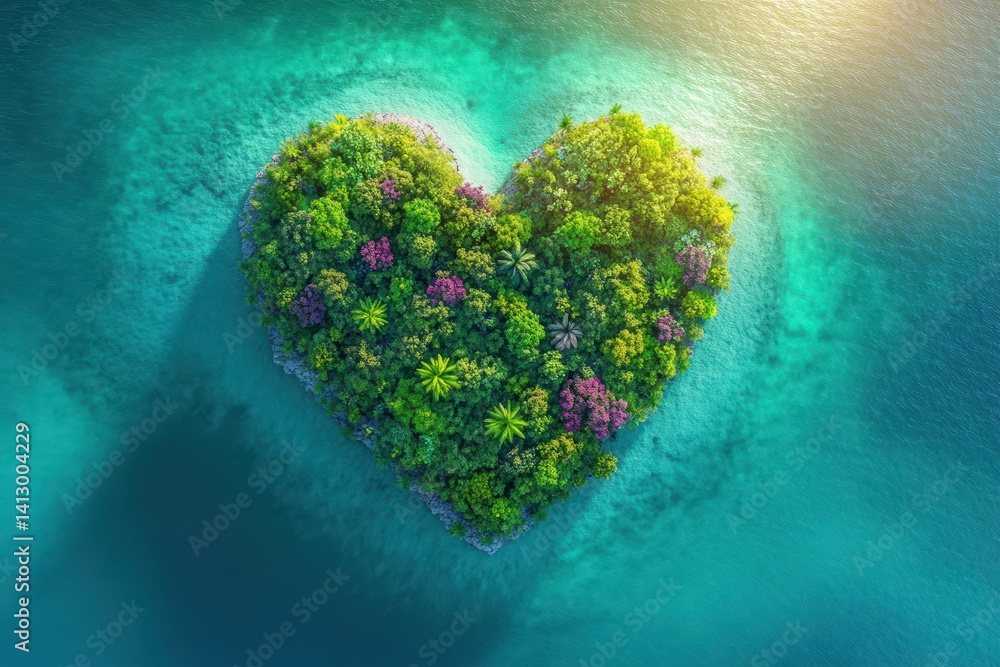 Sustainable Conservation Concept - Heart-Shaped Lush Island with Diverse Ecosystem Rising from Turquoise Ocean Waters
