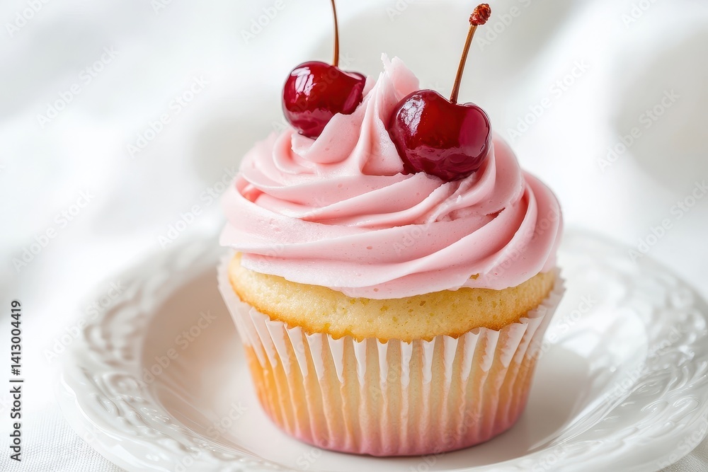 Sweet Pink Cupcake Masterpiece with Fresh Cherry and Whipped Cream Frosting on Elegant White Porcelain Plate Perfect for Bakery and Dessert Photography