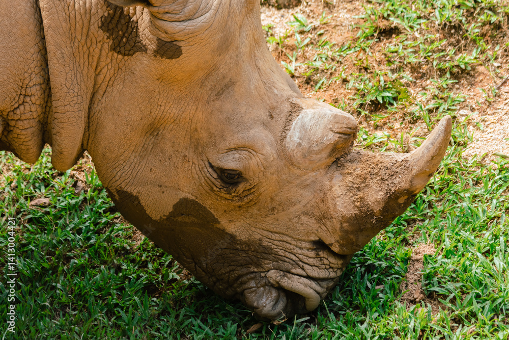 Obraz premium Close-up of a White Rhinoceros Grazing