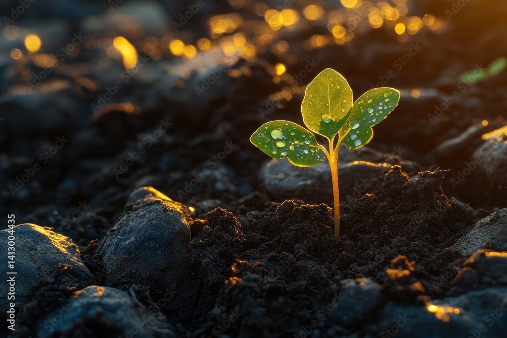 Sustainable Growth Concept with Young Seedling Emerging from Rich Dark Soil Bathed in Golden Morning Sunlight for Environmental Business Theme