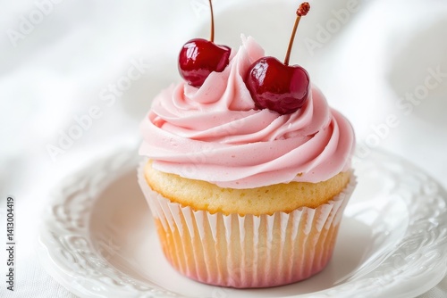 Obraz na płótnie Sweet Pink Cupcake Masterpiece with Fresh Cherry and Whipped Cream Frosting on Elegant White Porcelain Plate Perfect for Bakery and Dessert Photography w salonie