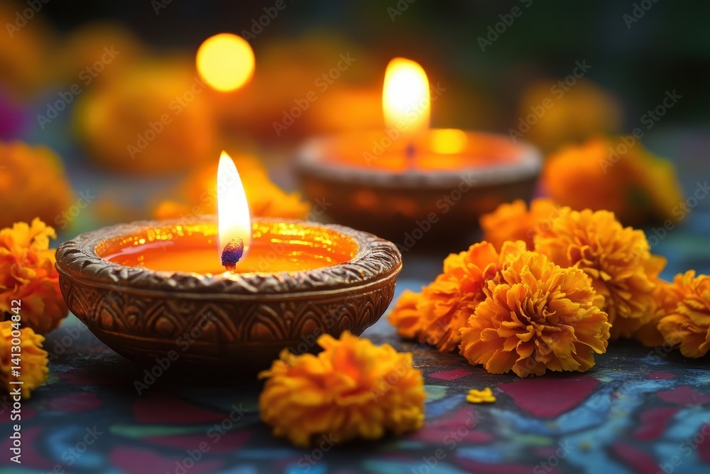 Traditional Diwali Oil Lamps Creating Mesmerizing Light Patterns with Colorful Rangoli and Marigold Flowers in Mystical Dark Setting