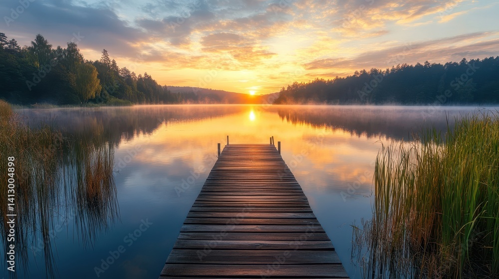 Tranquil Lakeside Sunrise with Wooden Pier Reflecting in Crystal Clear Water Perfect for Wellness and Meditation