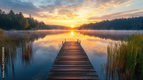 Obraz na płótnie Tranquil Lakeside Sunrise with Wooden Pier Reflecting in Crystal Clear Water Perfect for Wellness and Meditation w salonie