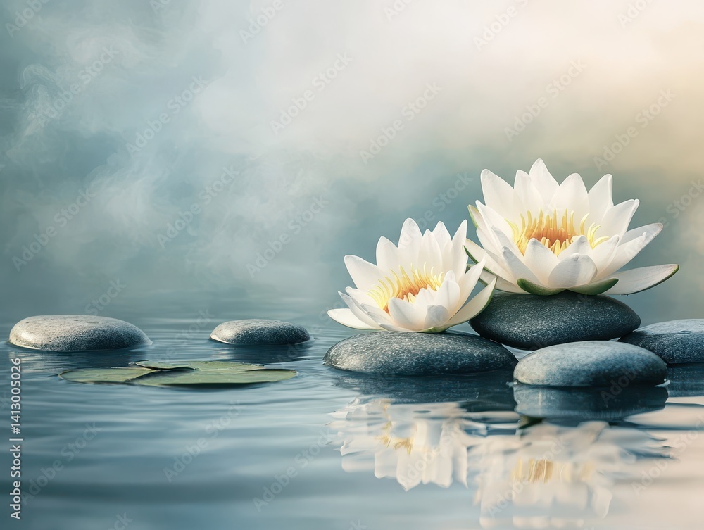 Tranquil Zen Garden Stones with Floating Lotus Blossoms in Still Water, Harmony and Balance Symbol, Serene Mindfulness Illustration