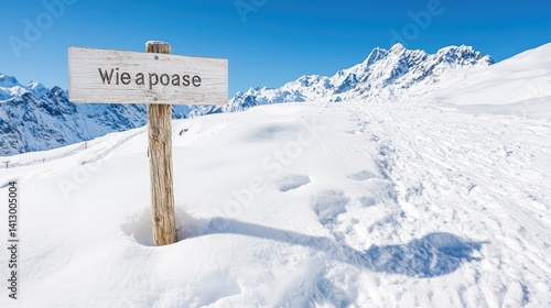 Wooden signpost with dialect text stands in deep snow on a sunny winter day in the Alps.