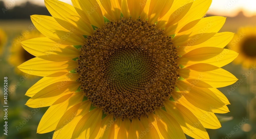 Fototapeta premium Golden Sunflower in Warm Sunlight - A close-up of a vibrant sunflower bathed in the warm glow of the setting sun. Symbolizing happiness, summer, nature, growth, and optimism
