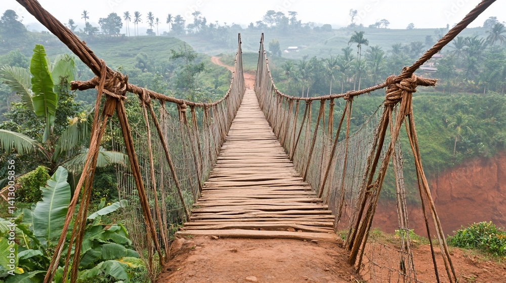 Obraz premium Rustic suspension bridge spanning a valley. Lush vegetation surrounds the bridge