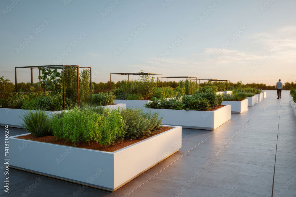 Fototapeta premium Modern rooftop garden with symmetrical raised beds under morning sky