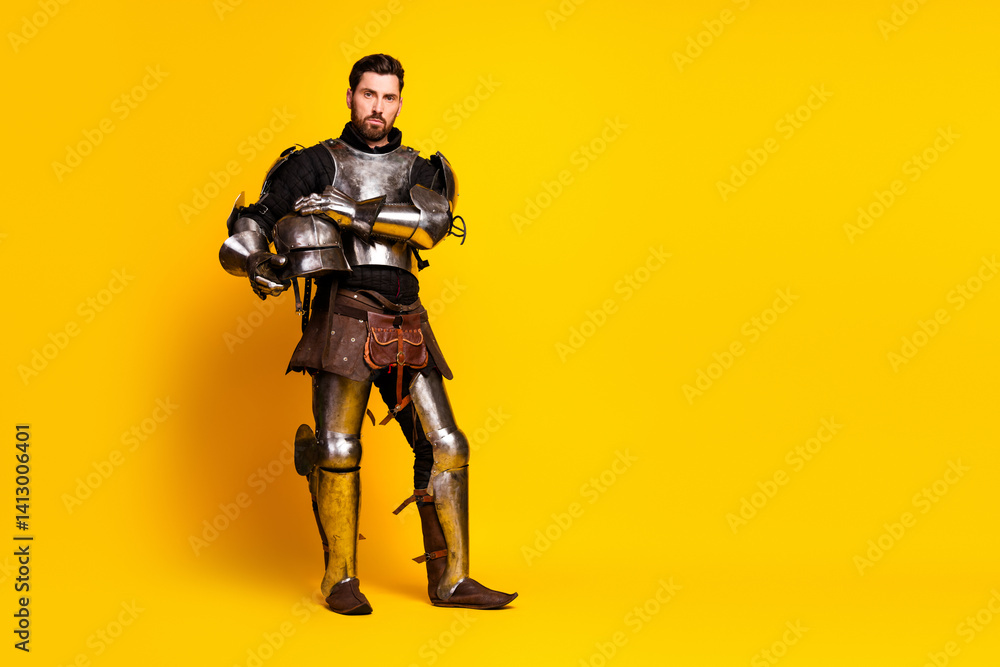 Portrait of a medieval knight in full armor with a vibrant yellow background for strong emphasis