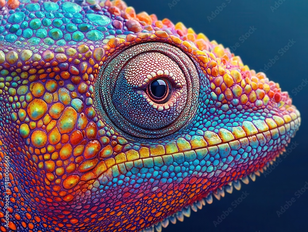 Vibrant Rainbow Chameleon Portrait on Electric Blue Background, Exotic Reptile with Iridescent Scales Displaying Full Color Spectrum