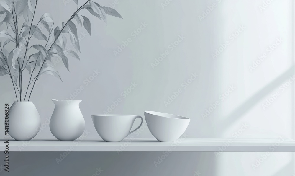 Minimalist white shelf with cups, vase, and plant; sunlight through window; home decor Minimalist white shelf with cups, vase, and plant; sunlight through window; home decor