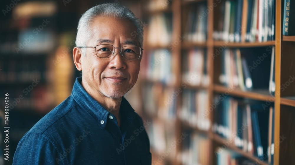 This portrait showcases an elderly Asian man standing confidently in a library. His thoughtful expression and glasses convey wisdom and experience, emphasizing a life dedicated to education. This portrait showcases an elderly Asian man standing confidently in a library. His thoughtful expression and glasses convey wisdom and experience, emphasizing a life dedicated to education.