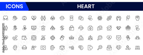 Vector illustration web line icon collection centered on heart symbols, expressing love, health, care, romance, emotion, cardiology, heartbeat, passion, and affection in design.