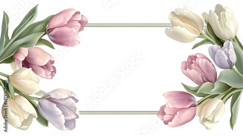 Wallpaper Mural Elegant Floral Frame: Delicate pastel-colored tulips artfully frame a subtle grey border, evoking springtime freshness and delicate aesthetic, perfect for elegant design. Torontodigital.ca