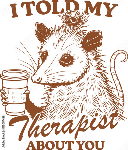 I Told My Therapist About You – Funny Coffee-Drinking Opossum Illustration with Sarcastic Mental Health Quote