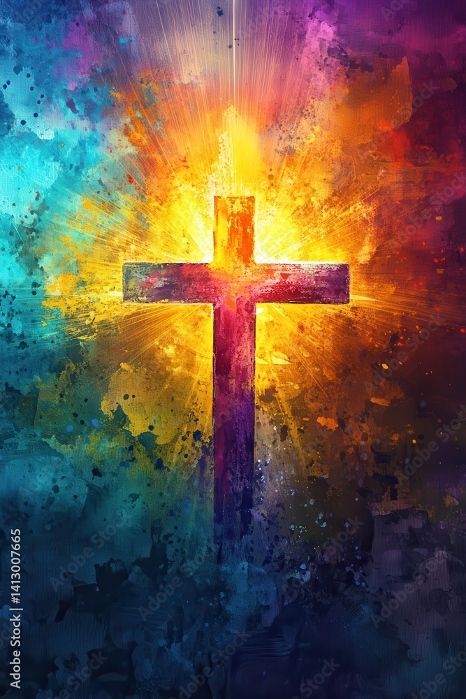 Abstract Cross Painting with Vibrant Splashes of Color Against Spiritual Light Background in Modern Christian Art Style Abstract Cross Painting with Vibrant Splashes of Color Against Spiritual Light Background in Modern Christian Art Style