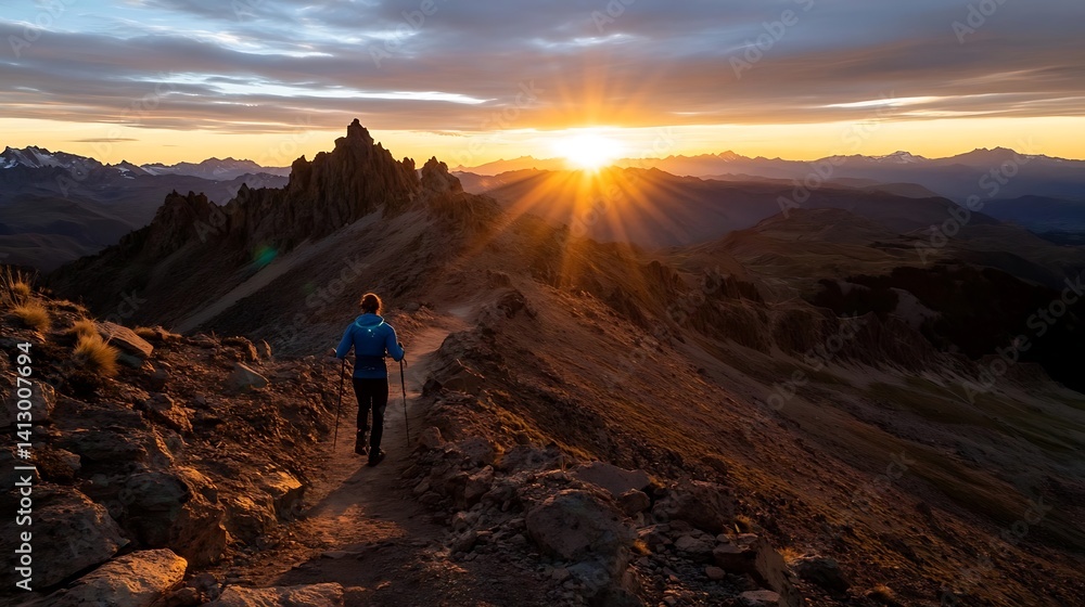 Fototapeta premium Golden hour hiker atop a dramatic mountain ridge.