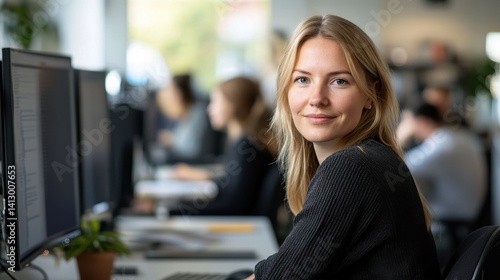A young European female IT specialist smiles while working in a modern office. The image captures a professional atmosphere with colleagues engaged in tasks.