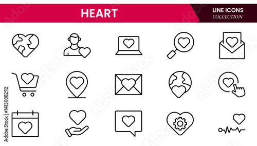 Vector illustration web line icon collection centered on heart symbols, expressing love, health, care, romance, emotion, cardiology, heartbeat, passion, and affection in design.
