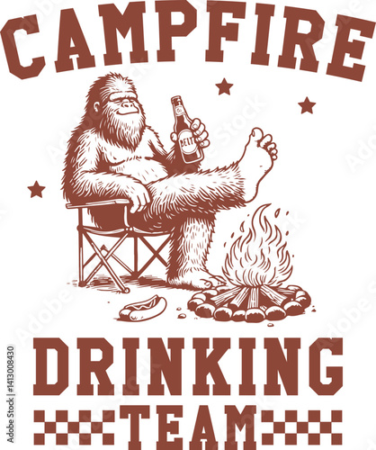 Campfire Drinking Team – Bigfoot Relaxing in Chair with Beer and Bonfire in Funny Wilderness Graphic
