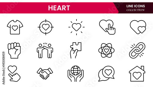 Vector illustration web line icon collection centered on heart symbols, expressing love, health, care, romance, emotion, cardiology, heartbeat, passion, and affection in design.