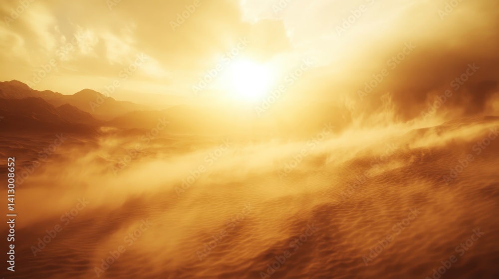 Beautiful Desert Storm Rising Dramatic Dust Cloud Formation During Golden Hour Creating Natural Abstract Patterns in Arid Landscape