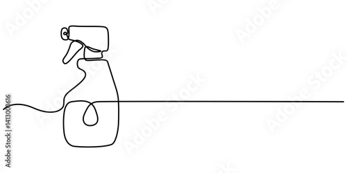 Detergent spray bottle dispenser vector. One line continuous drawing illustration. Hand drawn linear silhouette icon. Cleaning product, chemical household supplies. Minimal design.                    