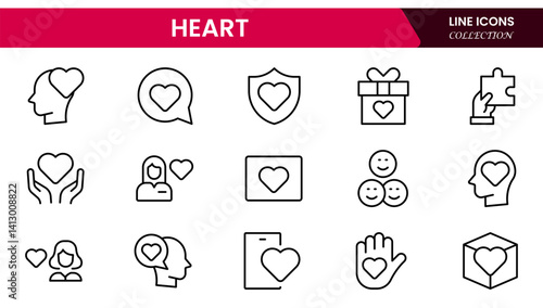 Vector illustration web line icon collection centered on heart symbols, expressing love, health, care, romance, emotion, cardiology, heartbeat, passion, and affection in design.
