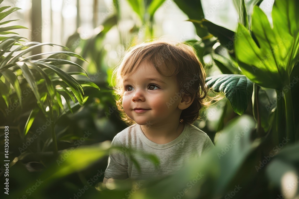 Curious Young Child Exploring Nature Inside Sunlit Greenhouse with Lush Plants and Organic Gardening Tools