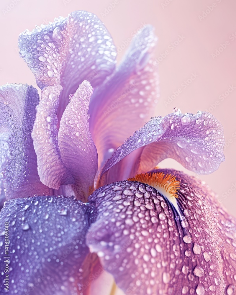Delicate Purple Iris Flower with Morning Dew Drops in Soft Natural Light Against Pure White Background