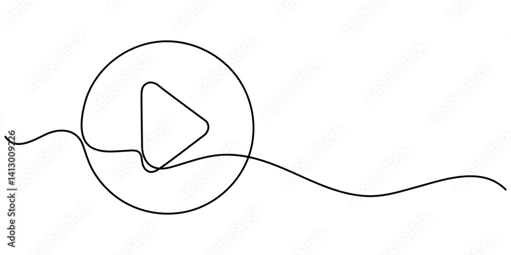 Fototapeta premium Continuous line drawing of play icon. Media, Video or music player button in linear style. One line drawing. Single line art. Vector illustration, Continuous line drawing of a play icon in. 