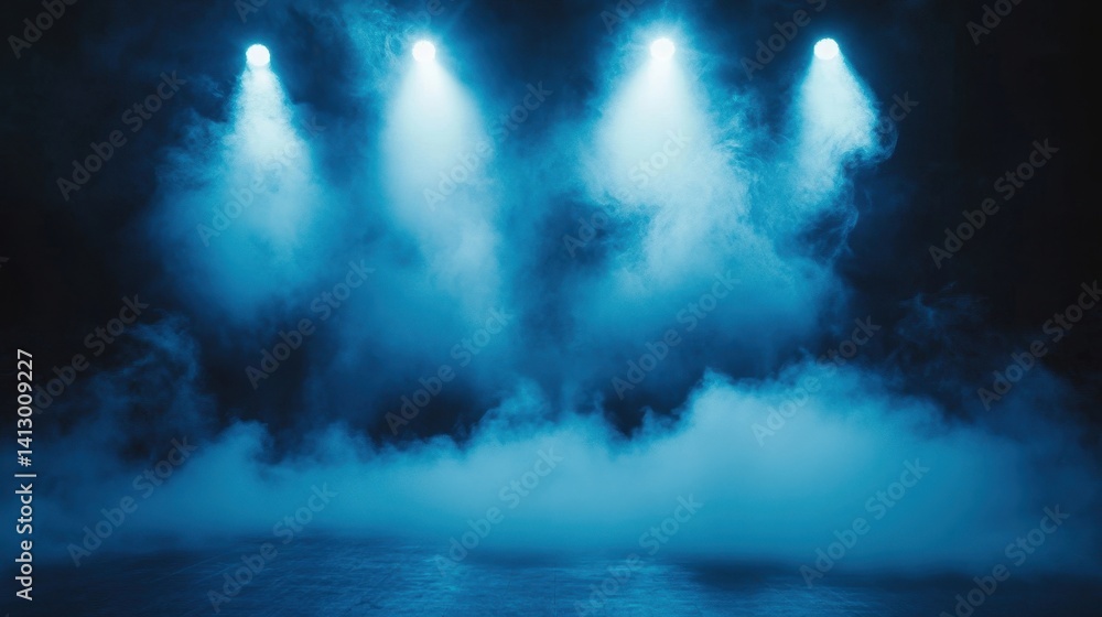 Dramatic Empty Concert Stage with Dynamic Blue Lighting Effects and Atmospheric Fog