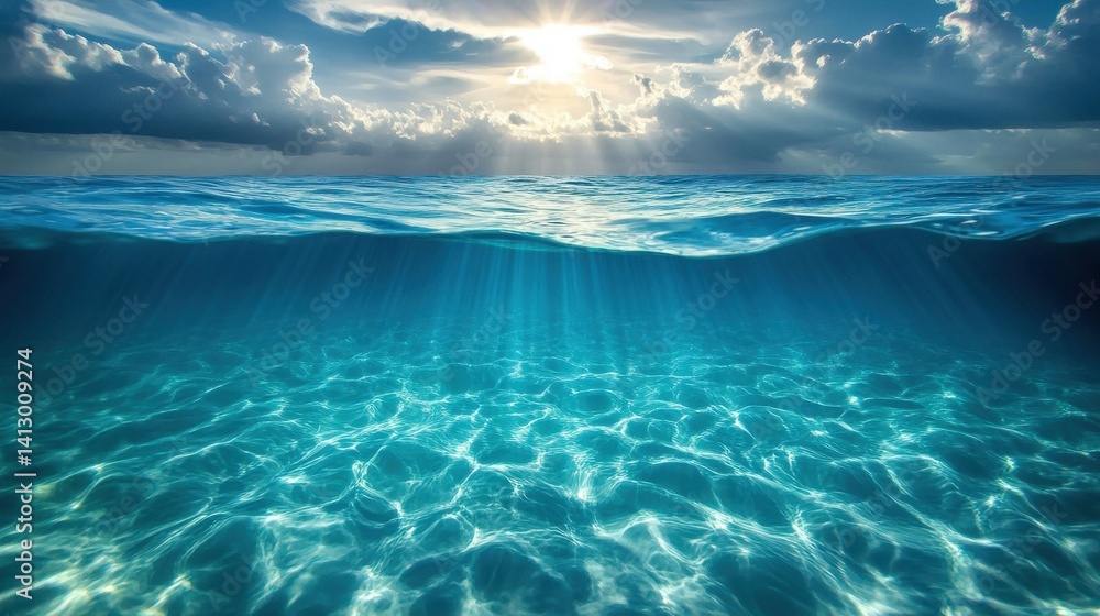 Dramatic Ocean Horizon Split Shot with Pristine Waters Below and Majestic Clouds Above Creating Perfect Space for Advertisement Text