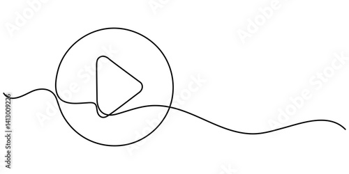 Continuous line drawing of play icon. Media, Video or music player button in linear style. One line drawing. Single line art. Vector illustration, Continuous line drawing of a play icon in. 