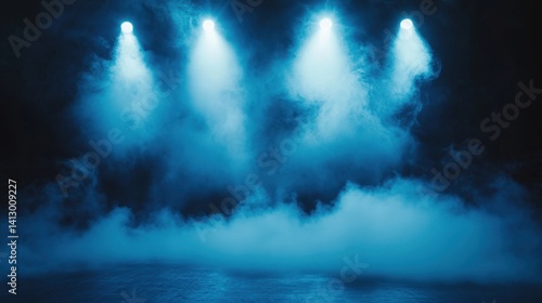 Obraz na płótnie Dramatic Empty Concert Stage with Dynamic Blue Lighting Effects and Atmospheric Fog w salonie