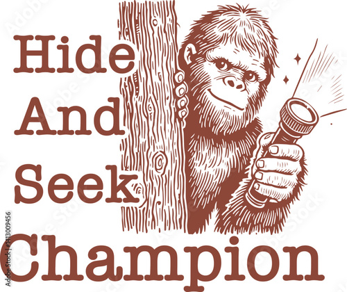 Hide and Seek Champion – Funny Bigfoot Peeking Out from Behind Tree with Flashlight in Hand, Forest Cartoon Illustration