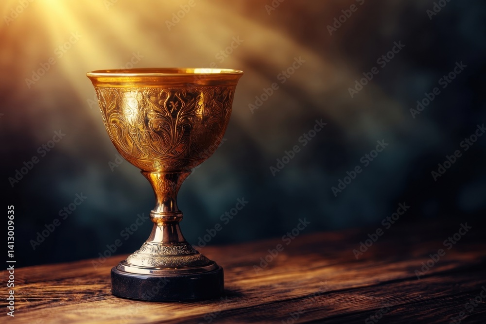 Elegant Golden Victory Trophy Illuminated on Vintage and Success Concepts