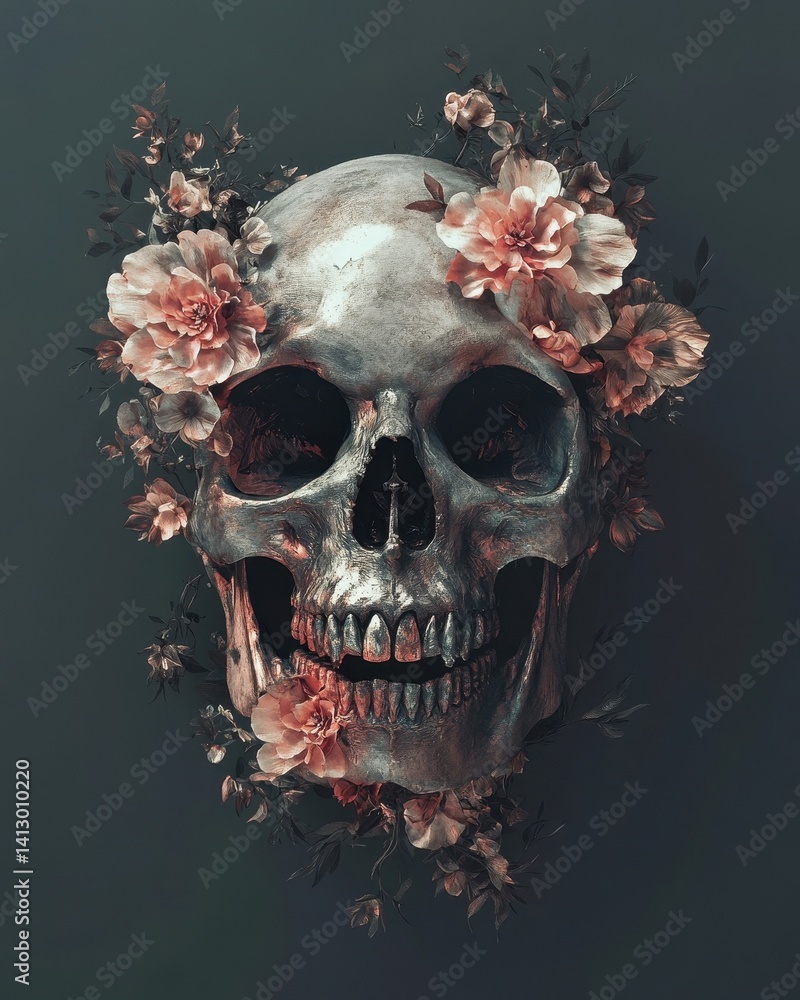 Ethereal Botanical Skull Art with Delicate Wildflowers and Vintage Botanical Elements in Dark Romantic Style