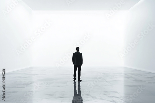 Businessman standing in front of big white screen
