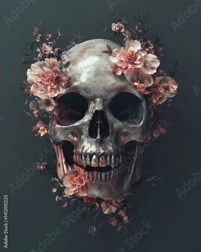 Obraz na płótnie Ethereal Botanical Skull Art with Delicate Wildflowers and Vintage Botanical Elements in Dark Romantic Style w salonie