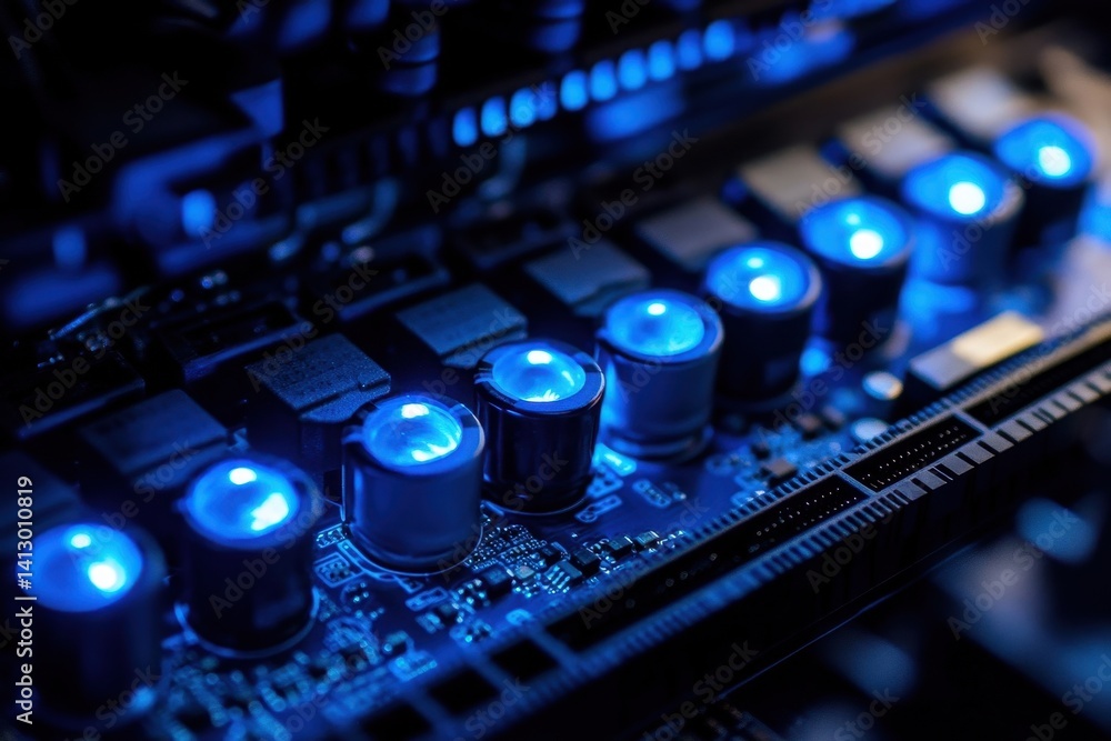 Futuristic Circuit Board Close-up with Glowing Components and Advanced Technology Patterns in Blue Tones