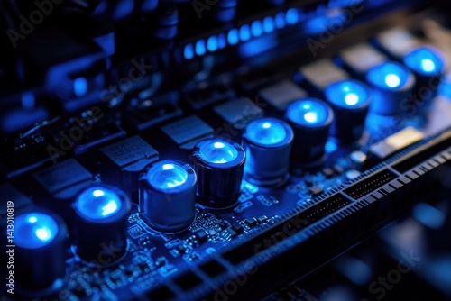 Obraz na płótnie Futuristic Circuit Board Close-up with Glowing Components and Advanced Technology Patterns in Blue Tones w salonie